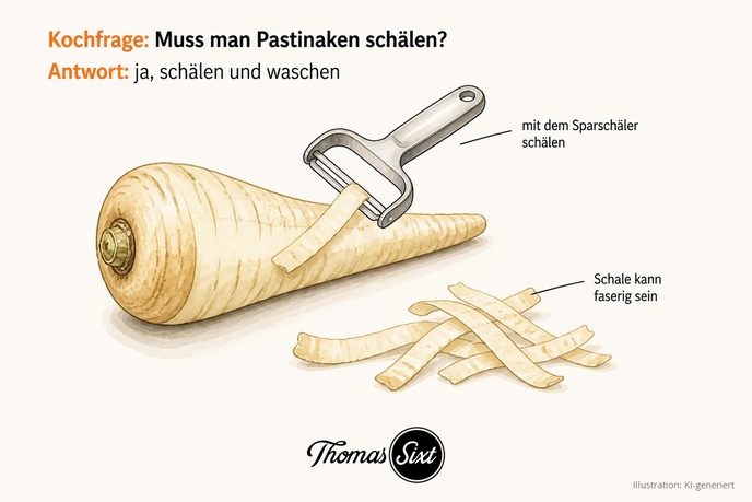 Pastinake wird mit dem Sparschäler geschält, Schalenstreifen daneben, als Illustration
