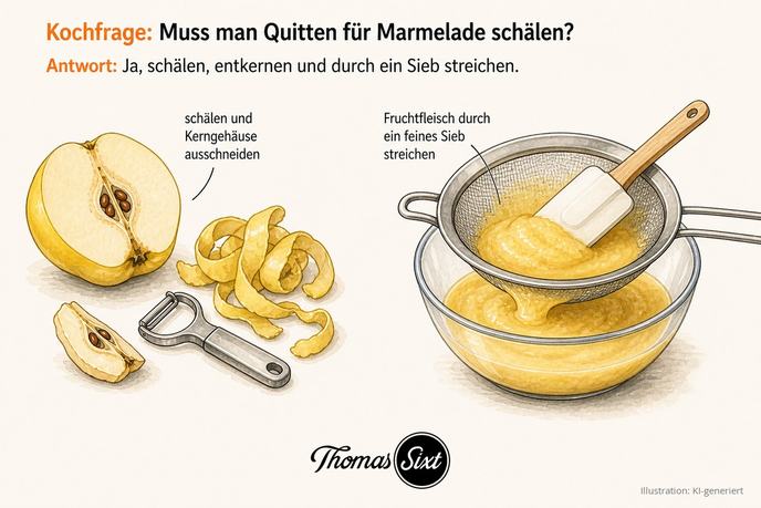 Grafik Muss man Quitten für Marmelade schälen, halbierte gelbe Quitte mit Kerngehäuse, Sparschäler und Schalenstreifen, ein feines Sieb über einer Schüssel mit Quittenpüree