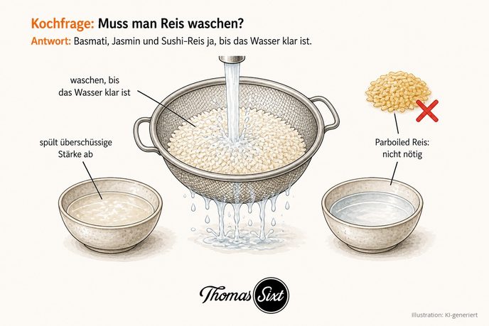Grafik Muss man Reis waschen, ein Sieb mit rohem Reis unter Wasser und zwei Schälchen mit trübem und klarem Wasser zum Vergleich
