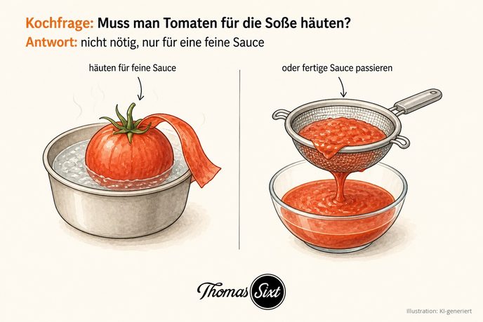 Tomate, von der die Haut abgezogen wird, und ein Sieb, durch das Tomatensauce passiert wird, als Illustration
