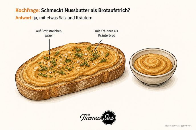 Brotscheibe mit Nussbutter und Kräutern bestrichen, daneben ein Schälchen Nussbutter, als Illustration