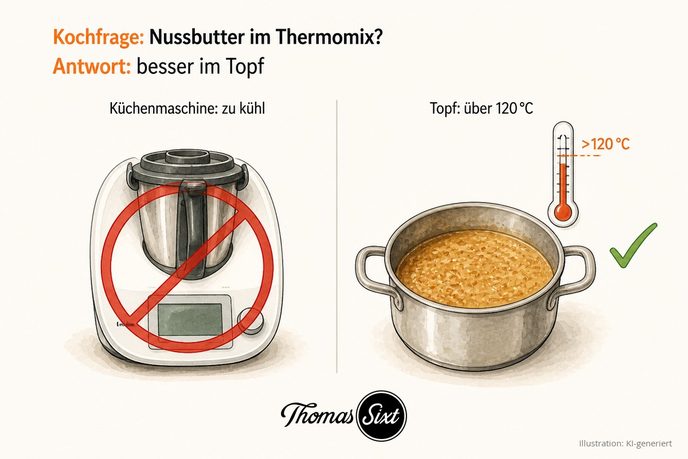 Durchgestrichene Küchenmaschine und ein Topf mit gebräunter Butter über 120 Grad als Illustration