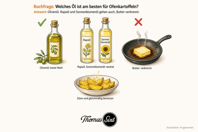 Olivenölflasche mit grünem Haken, daneben Flaschen mit Rapsöl und Sonnenblumenöl, rechts eine Pfanne mit dunkel verbrannter Butter und rotem Kreuz