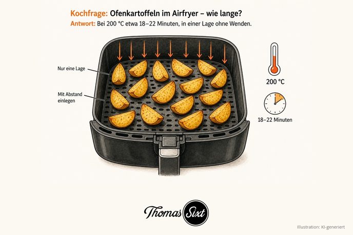 Airfryer-Korb mit Kartoffelvierteln in einer einzigen Lage mit Abstand, Heißluftpfeile von oben, daneben Thermometer mit 200 °C und Uhr mit 18–22 Minuten