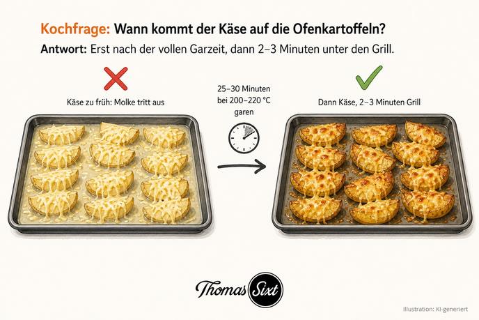 Links ein Backblech mit hellen Kartoffeln, die in ausgetretener Molke stehen, mit rotem Kreuz, rechts ein Backblech mit goldbraun gratinierten Kartoffeln und grünem Haken