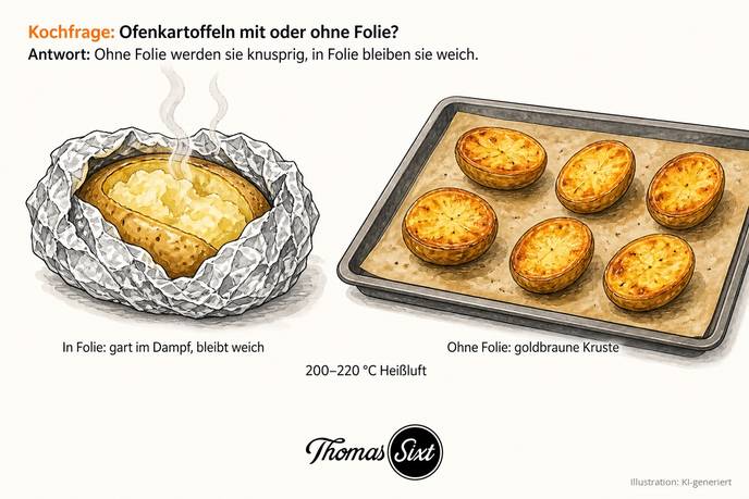 Links eine geöffnete Alufolie mit dampfender weicher Kartoffel, rechts ein Backblech mit sechs goldbraun gebackenen Kartoffelhälften