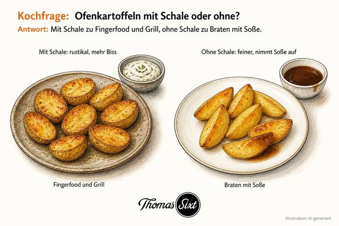 Links ein rustikaler Teller mit Kartoffelhälften mit Schale und Kräuterdip, rechts ein heller Teller mit geschälten Kartoffelspalten und dunkler Bratensoße