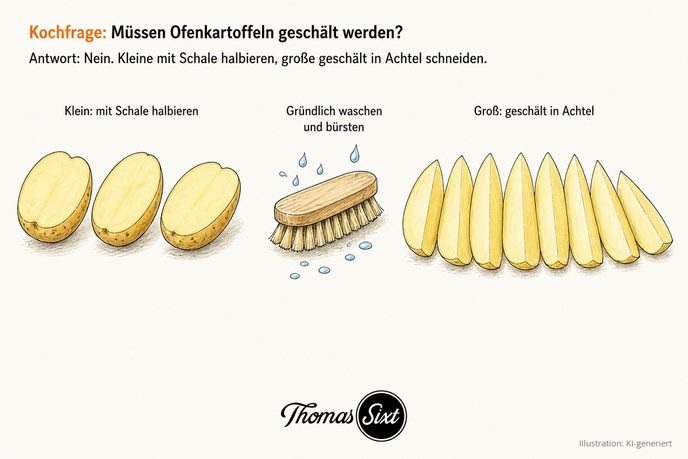 Drei halbierte kleine Kartoffeln mit Schale, daneben eine Gemüsebürste mit Wassertropfen und acht geschälte Kartoffelspalten nebeneinander