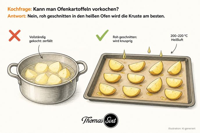 Links ein Kochtopf mit zerfallenden gekochten Kartoffelstücken und rotem Kreuz, rechts ein Backblech mit rohen Kartoffelvierteln, Öltropfen und grünem Haken