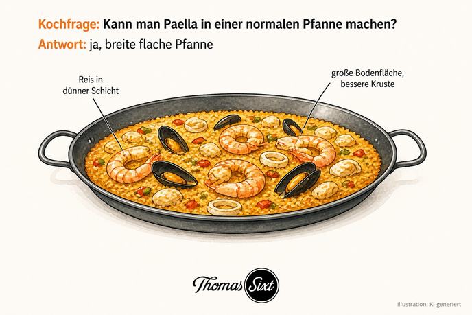 Breite flache Pfanne mit einer dünnen Schicht Reis und Meeresfrüchten als Illustration
