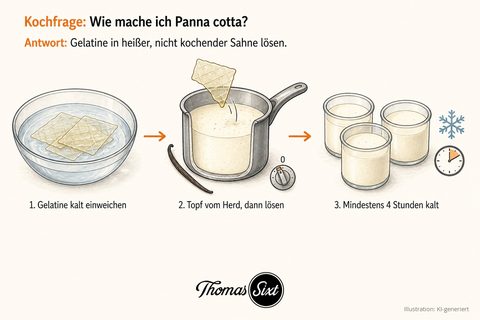 Drei Schritte: Schale mit kaltem Wasser und drei Gelatineblättern, Topf mit heißer Sahne neben ausgeschaltetem Herdregler in den ein Gelatineblatt gleitet, drei Gläser mit fester weißer Panna cotta