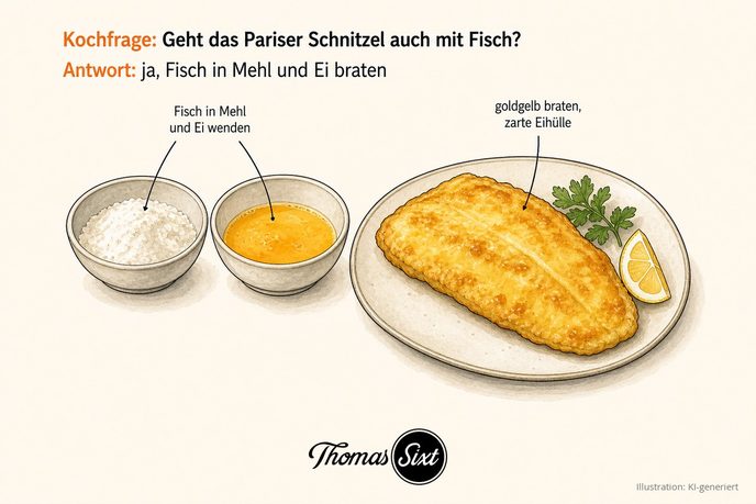 Goldgelb gebratenes Fischfilet mit glatter Eihülle neben Mehl und Ei als Illustration