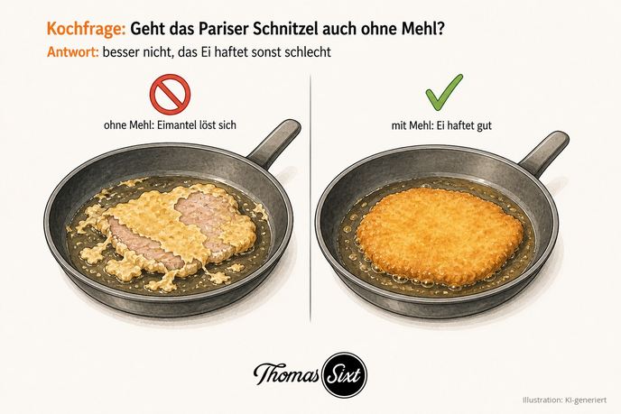 Schnitzel ohne Mehl mit ablösendem Eimantel und Schnitzel mit Mehl und haftendem Eimantel im Vergleich als Illustration