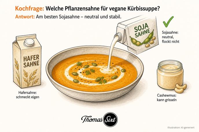Welche Pflanzensahne für vegane Kürbissuppe: ein Teller vegane Kürbissuppe, dazu Sojasahne mit grünem Haken, Hafersahne und Cashewmus als Alternativen