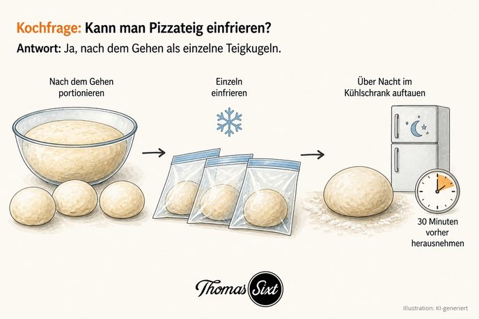 Drei Schritte nebeneinander: Glasschüssel mit gegangenem Teig und drei geformten Kugeln, drei einzeln verpackte Teigkugeln in Gefrierbeuteln mit Schneeflocke, rechts eine aufgetaute Kugel neben einem Kühlschrank und einer Uhr mit 30 Minuten