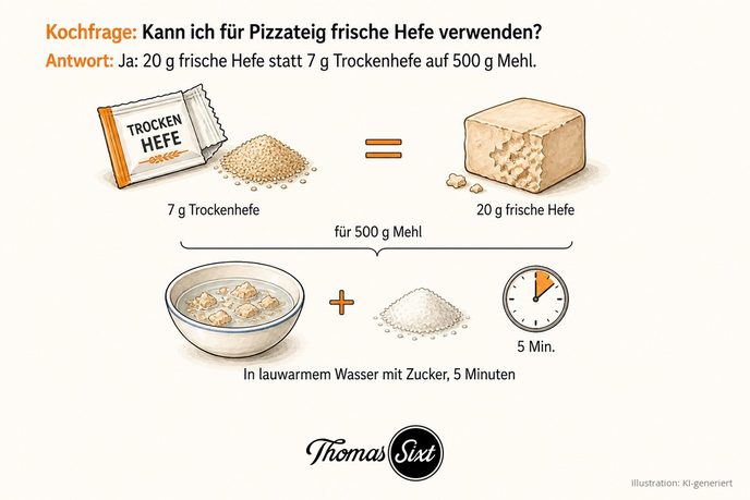 Links ein geöffnetes Päckchen Trockenhefe mit Granulat und der Angabe 7 g, in der Mitte ein Gleichheitszeichen, rechts ein Hefewürfel mit der Angabe 20 g, darunter eine Schale mit Hefestücken in Wasser, ein Zuckerhäufchen und eine Uhr mit 5 Minuten