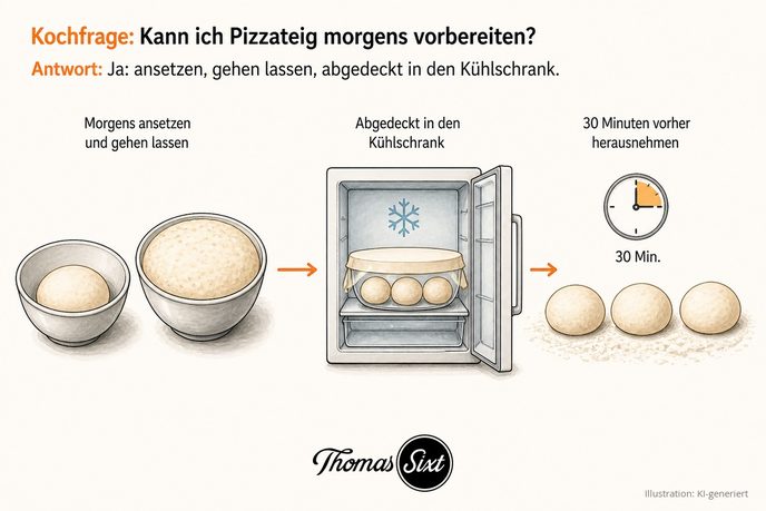 Drei Schritte nebeneinander: eine Schüssel mit kleiner Teigkugel und daneben eine aufgegangene, ein geöffneter Kühlschrank mit abgedeckter Schüssel und drei Teigkugeln, rechts drei Teigkugeln auf bemehlter Fläche mit Uhr und 30 Minuten