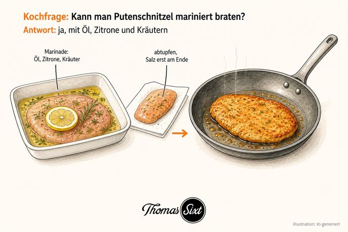 Putenschnitzel in Marinade aus Öl, Zitrone und Kräutern, daneben gebraten in der Pfanne, als Illustration