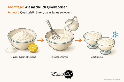 Drei Schritte: Rührschüssel mit weißem Quark neben Zucker und halber Zitrone, dieselbe Schüssel mit einfließender Sahne und Schneebesen, zwei Schalen mit cremiger weißer Quarkspeise