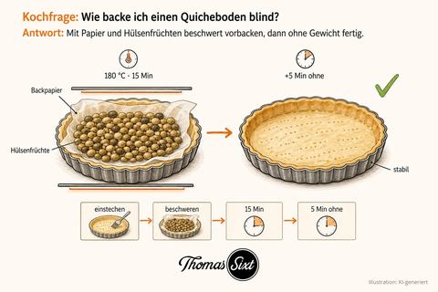 Gezeichnete Illustration: Quicheboden blind backen, Tarteform mit Backpapier und Hülsenfrüchten links, fertig gebackener stabiler Boden rechts mit grünem Häkchen