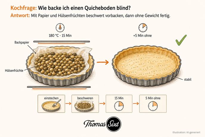 Gezeichnete Illustration: Quicheboden blind backen, Tarteform mit Backpapier und Hülsenfrüchten links, fertig gebackener stabiler Boden rechts mit grünem Häkchen