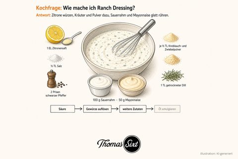Schüssel mit weißem dickem Dressing mit grünen Dillstückchen und Schneebesen, links eine halbe Zitrone, Salz und Pfeffermühle, rechts zwei helle Gewürzhäufchen und ein Zweig getrockneter Dill, darunter Schalen mit Sauerrahm und Mayonnaise