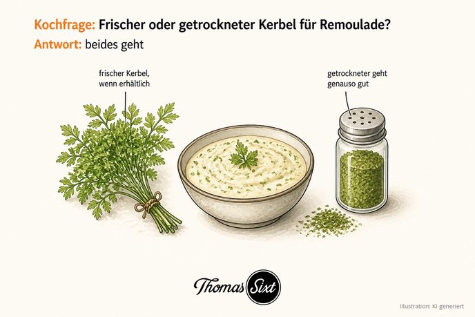 Frischer Kerbel und ein Streugläschen getrockneter Kerbel neben einem Schälchen Remoulade als Illustration