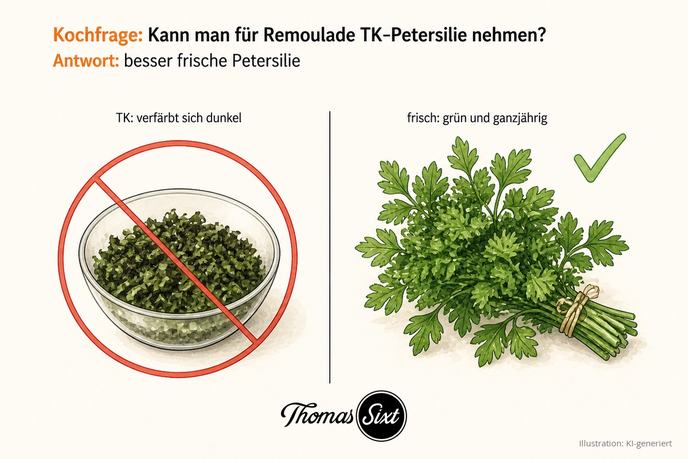 Dunkel verfärbte TK-Petersilie und frisches grünes Petersilienbund im Vergleich als Illustration