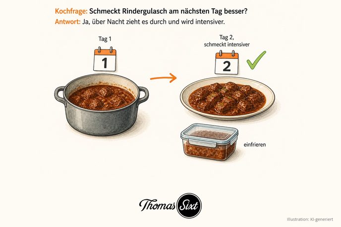 Schmeckt Rindergulasch am nächsten Tag besser: links ein Topf mit Kalenderblatt Tag 1, rechts ein Teller mit Kalenderblatt Tag 2 und grünem Haken schmeckt intensiver, darunter eine Vorratsdose einfrieren