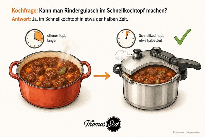 Kann man Rindergulasch im Schnellkochtopf machen: links ein offener Topf mit langer Uhrzeit, rechts ein geschlossener Schnellkochtopf mit kurzer Uhrzeit und grünem Haken, etwa halbe Zeit