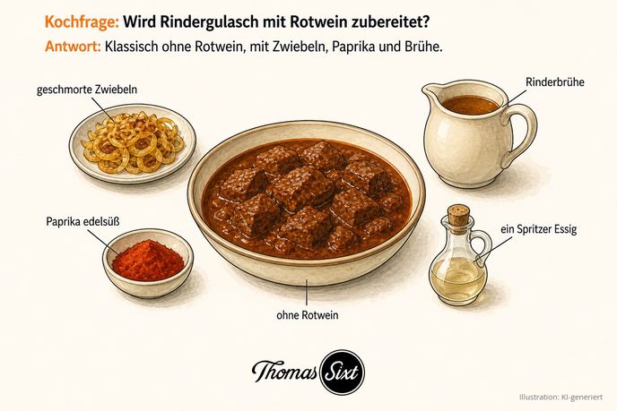 Wird Rindergulasch mit Rotwein zubereitet: eine Schale dunkles Rindergulasch, drumherum geschmorte Zwiebeln, Paprika edelsüß, ein Kännchen Rinderbrühe und ein Fläschchen Essig, Hinweis ohne Rotwein