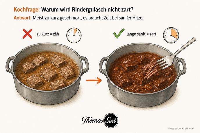Warum wird Rindergulasch nicht zart: links ein Topf mit kurzer Uhrzeit und festen Fleischwürfeln mit rotem Kreuz, rechts ein Topf mit langer Uhrzeit und zartem, an der Gabel zerfallendem Fleisch mit grünem Haken