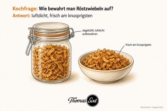 Verschlossenes Glas mit Röstzwiebeln und eine Schale frisch frittierter Röstzwiebeln als Illustration