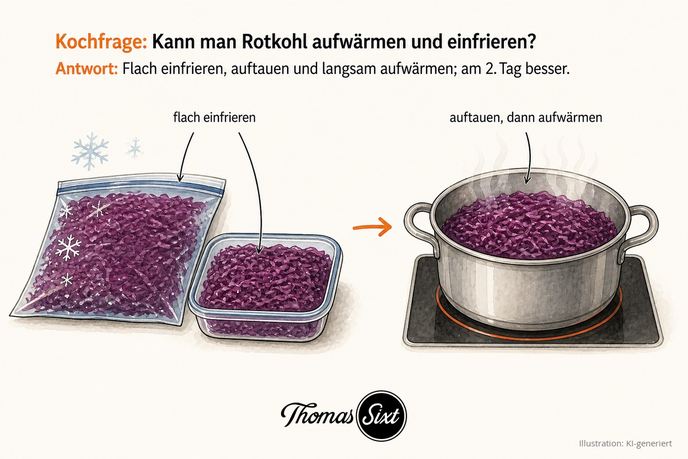 Grafik Rotkohl aufwärmen und einfrieren, flach gefüllter Gefrierbeutel und flache Dose, Topf zum Aufwärmen auf der Herdplatte