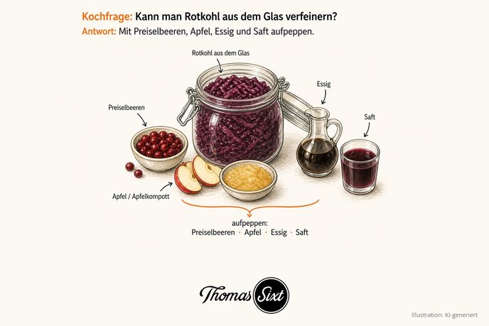 Grafik Rotkohl aus dem Glas verfeinern mit Preiselbeeren, Apfelstücken, Essig-Kännchen und einem Glas Saft