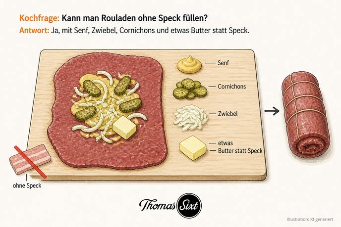 Grafik Rouladen ohne Speck füllen, aufgeklappte Rinderroulade mit Senf, Cornichons, Zwiebel und einem Stück Butter, durchgestrichener Speckstreifen und eine mit Garn gewickelte Roulade