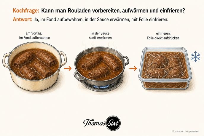 Grafik Rouladen vorbereiten aufwärmen einfrieren, Topf mit Rouladen im Fond, Pfanne mit Rouladen in Sauce beim sanften Erwärmen und Gefriergefäß mit direkt aufgedrückter Küchenfolie und Frost-Symbol