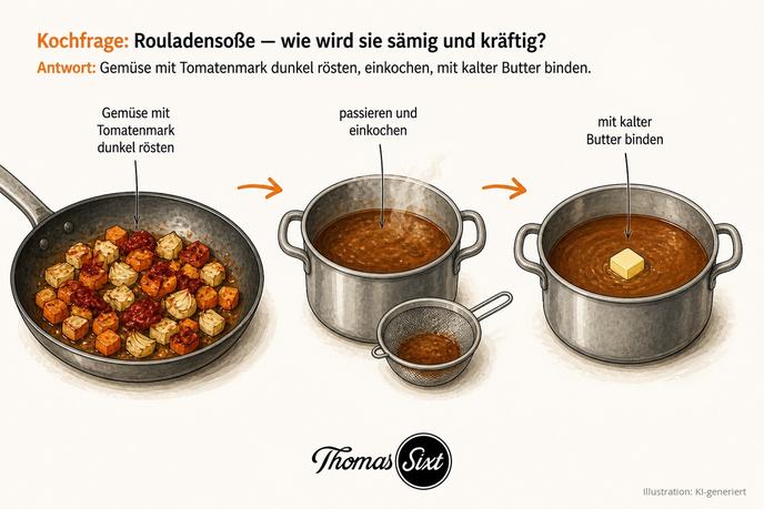 Grafik Rouladensoße sämig und kräftig, Pfanne mit dunkel geröstetem Wurzelgemüse und Tomatenmark, Topf mit Soße und Sieb zum Passieren und Topf mit kaltem Butterstück