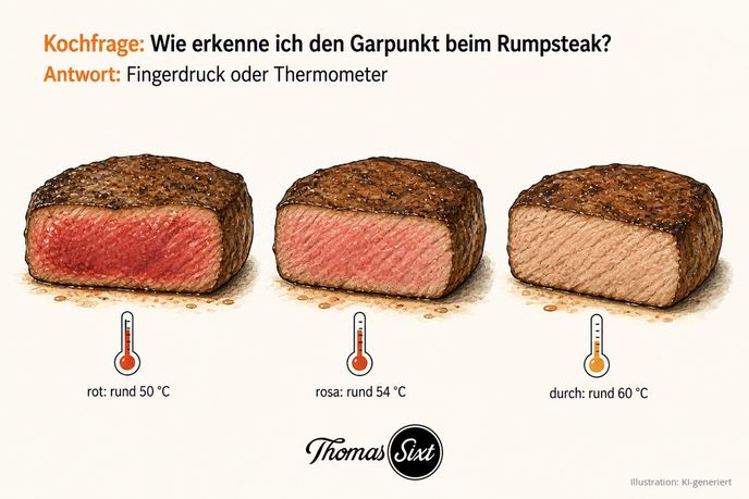 Drei angeschnittene Rumpsteaks rot, rosa und durchgebraten mit Kerntemperatur 50, 54 und 60 Grad als Illustration
