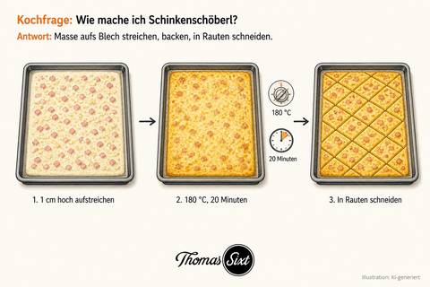 Drei Backbleche nebeneinander: helle Masse mit rosa Schinkenwürfeln bestreut, goldgelb gebackene Platte mit Ofenregler 180 Grad und Uhr, fertige Platte in Rauten geschnitten