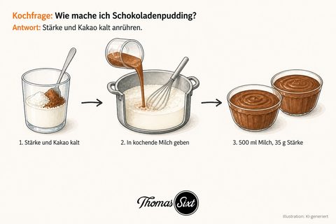 Drei Schritte: Glas mit kalter Milch, Speisestärke und dunklem Kakaopulver, Topf mit heißer Milch in den die Kakaomischung fließt, zwei Schalen mit dunkelbraunem Pudding