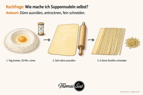Drei Schritte: Mehlkranz mit Ei in der Mulde neben einer Sanduhr, dünn ausgerollte Teigplatte mit Nudelholz, in feine Streifen geschnittene Platte neben einem Häufchen kurzer Suppennudeln