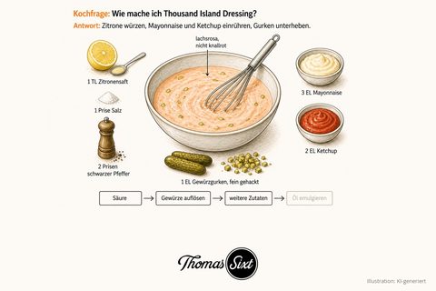 Schüssel mit lachsrosa Dressing und grünen Gurkenstückchen sowie Schneebesen, links eine halbe Zitrone, Salz und Pfeffermühle, rechts Schalen mit Mayonnaise und Ketchup, unten zwei Gewürzgurken mit einem Häufchen gehackter Gurkenwürfel
