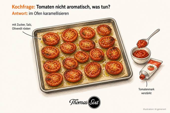 Backblech mit karamellisierten Tomaten und ein Löffel Tomatenmark als Illustration