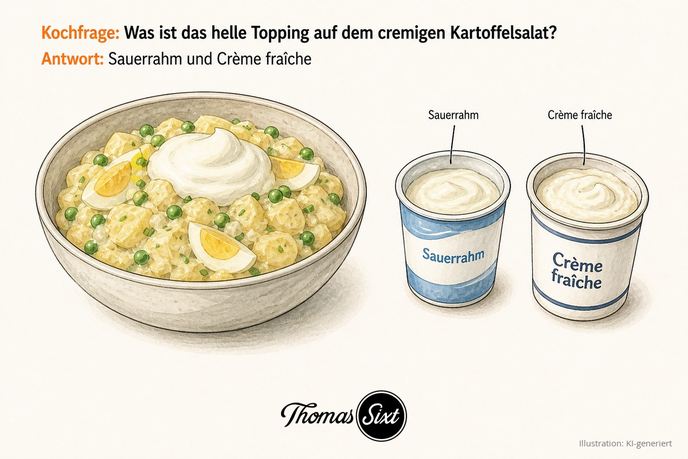 Eine Schüssel cremiger Kartoffelsalat mit Erbsen und Eivierteln, obenauf ein heller Klecks Topping, als Illustration