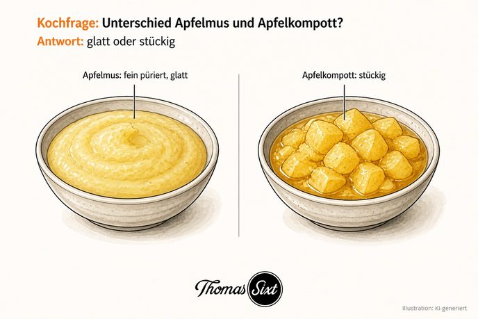 Glattes Apfelmus und stückiges Apfelkompott in zwei Schalen im Vergleich als Illustration