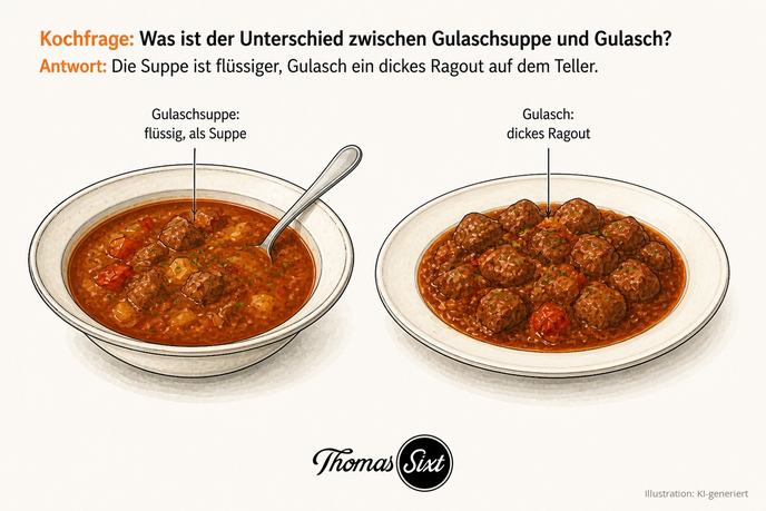 Was ist der Unterschied zwischen Gulaschsuppe und Gulasch: links ein tiefer Suppenteller mit flüssiger Gulaschsuppe und Löffel, rechts ein flacher Teller mit dickem Gulasch-Ragout