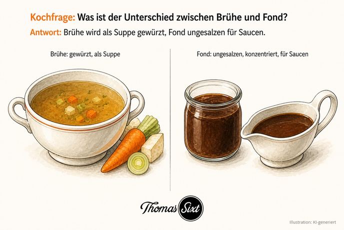 Grafik Was ist der Unterschied zwischen Brühe und Fond, links eine Suppentasse mit klarer Brühe und Gemüse, rechts ein Glas konzentrierter Fond und eine Sauciere