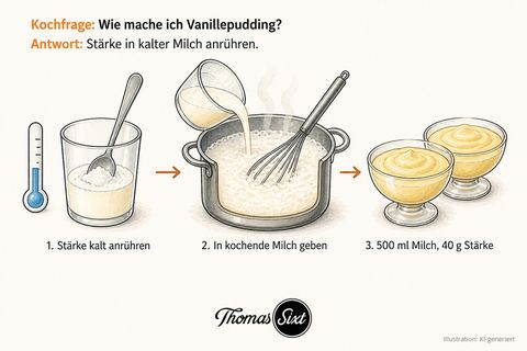 Drei Schritte: Glas mit kalter Milch und Speisestärke, Topf mit aufgekochter Milch und Schneebesen in den die angerührte Stärke fließt, zwei Schalen mit festem hellgelbem Pudding
