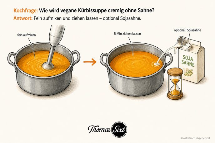 Wie wird vegane Kürbissuppe cremig ohne Sahne: ein Topf Kürbissuppe wird mit dem Stabmixer fein aufgemixt, dann fünf Minuten ziehen gelassen, optional ein Schuss Sojasahne